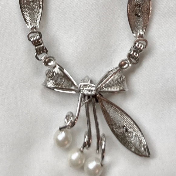 Silver Tone Filigree Pendant Necklace with Blue Crystals and Faux Pearls - Picture 3 of 3